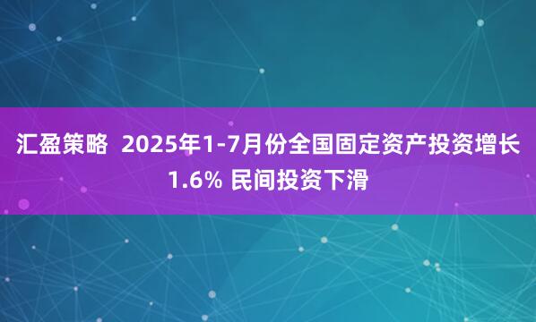 汇盈策略  2025年1-7月份全国固定资产投资增长1.6% 民间投资下滑